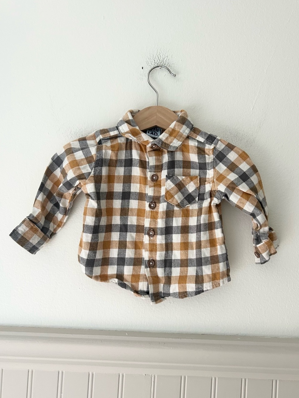 Little Lad Baby Flannel Plaid Button Down Shirt 3-6 Months Tan Cotton
